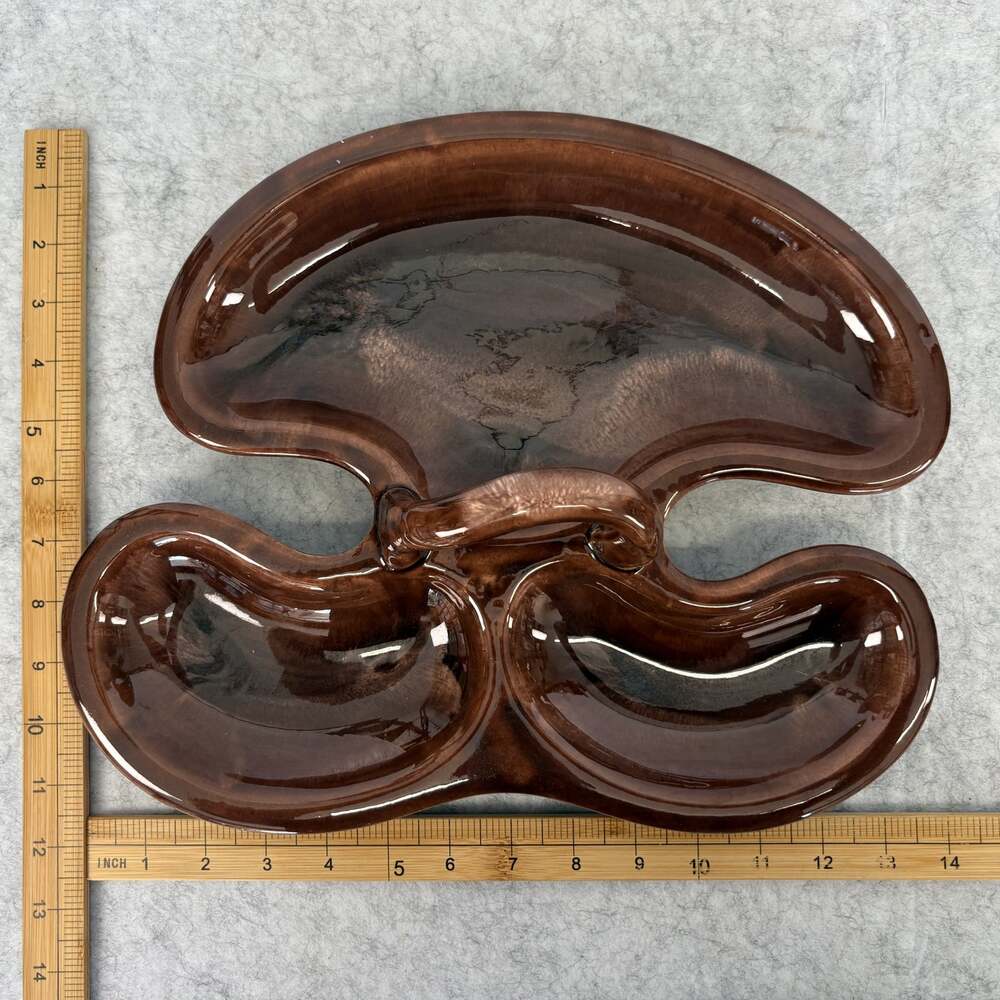 MCM Brown Drip Glaze Relish Platter 3 Bowl Ceramic Serving Tray 1960s - Picture 9 of 9